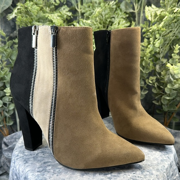 JustFab Remi Black Cream Tan Faux Suede 4.25” Heel Zip Dress Boots WMS 8W✨EUC✨ - Picture 15 of 15